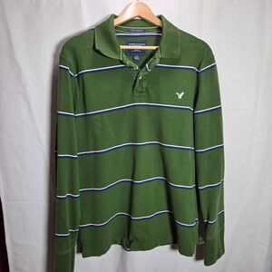 Retro 80's American Eagle Men's Long Sleeve Polo Shirt Large Green White Stripe